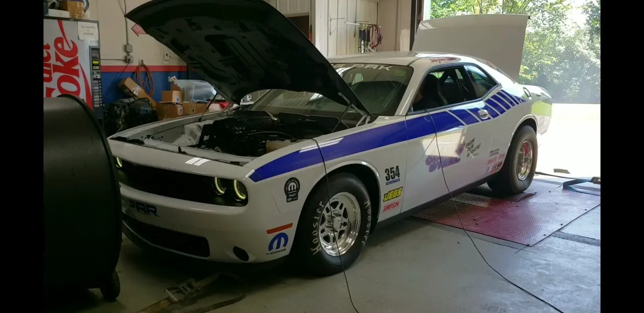 Dodge Challenger strapped to the Satera Tuning chassis dyno